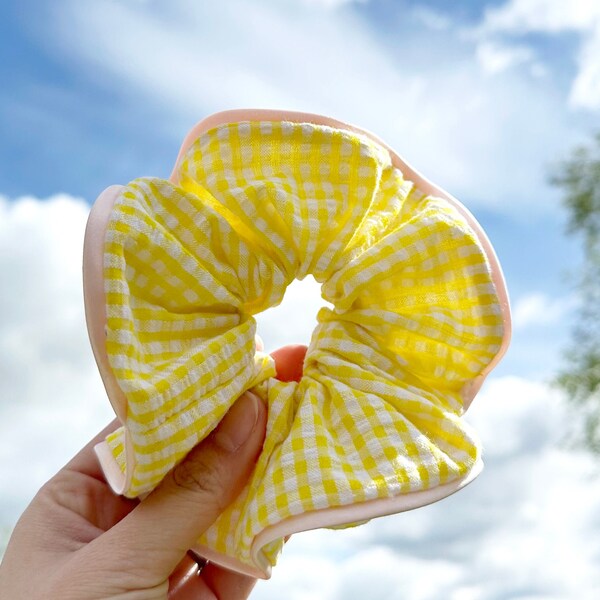 Big Yellow Gingham Frilly Scrunchies French style Large Scrunchies For Spring Cute Scrunchies Hair Tie Scrunchies gifts for her