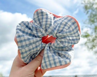 Big Blue Gingham Frill Scrunchies French style Large Scrunchies For Spring Cute Scrunchies Hair Tie Scrunchies gifts for her
