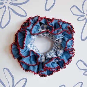 Statement Blue Gingham Scrunchies, handmade large scrunchies for Summer Frilly Double layer Scrunchies for holiday, XXL scrunchies