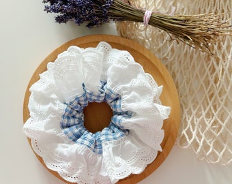 French style Broderie Anglaise Scrunchies, Blue Gingham Double layer Scrunchies, Giant Scrunchies Jumbo Ruffled Scrunchies gifts for her