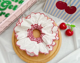 French Style Broderie Anglaise Large Scrunchies, Red Gingham Scrunchies Double layer Scrunchies For Spring Jumbo Scrunchies Gift for Her