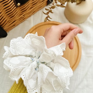 French style Broderie Anglaise Scrunchies, White Floral Double layer Scrunchies, Giant Scrunchies Jumbo Ruffled Scrunchies gifts for her