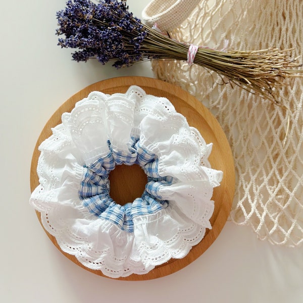 French style Broderie Anglaise Scrunchies, Blue Gingham Double layer Scrunchies, Giant Scrunchies Jumbo Ruffled Scrunchies gifts for her