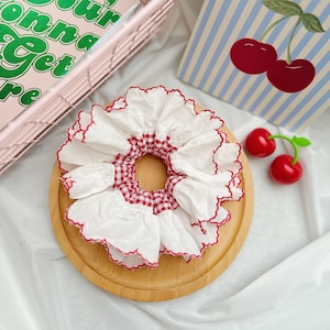 French Style Broderie Anglaise Large Scrunchies, Red Gingham Scrunchies Double layer Scrunchies For Spring Jumbo Scrunchies Gift for Her