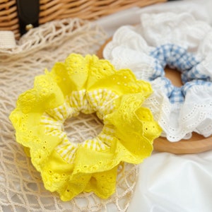 French style Yellow Scrunchies Broderie Anglaise Large Scrunchies Summer Double layer Giant Scrunchies Gift for her, Bridal Shower Gift image 5