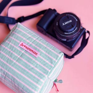 Mint & Pink Striped Padded Zipper Pouch | Cute Makeup Bag | Handmade Camera Bag | YKK Zip Travel Organizer | Pastel Gift for Her
