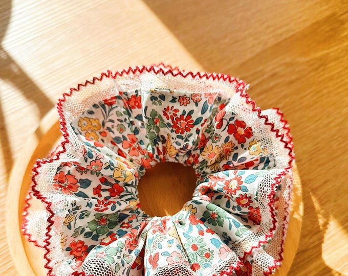 Oversized Floral Scrunchie: Red Lace Trim, Handmade Cotton Hair ...