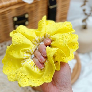 French style Yellow Scrunchies Broderie Anglaise Large Scrunchies Summer Double layer Giant Scrunchies Gift for her, Bridal Shower Gift image 8