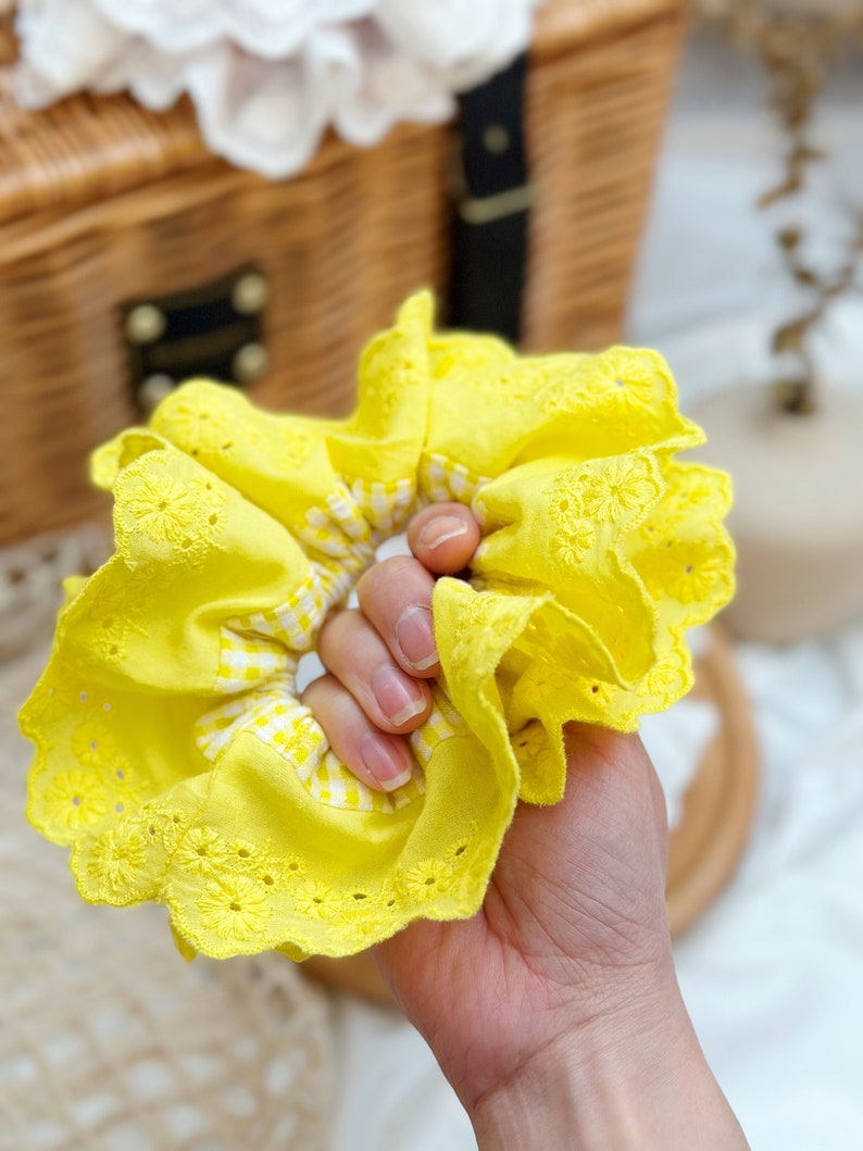 French style Yellow Scrunchies Broderie Anglaise Large Scrunchies Summer Double layer Giant Scrunchies Gift for her, Bridal Shower Gift image 8