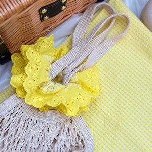 French style Yellow Scrunchies Broderie Anglaise Large Scrunchies Summer Double layer Giant Scrunchies Gift for her, Bridal Shower Gift image 10