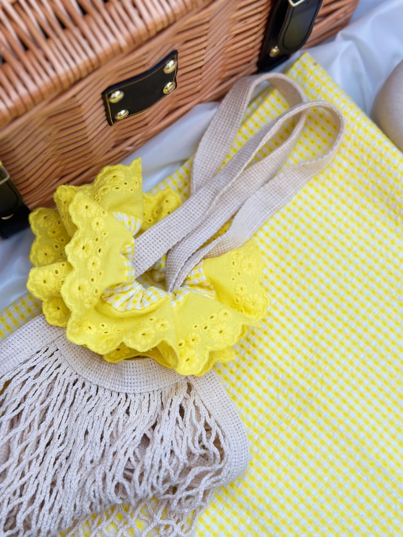 French style Yellow Scrunchies Broderie Anglaise Large Scrunchies Summer Double layer Giant Scrunchies Gift for her, Bridal Shower Gift image 10