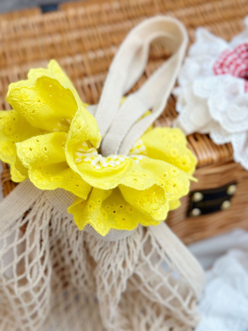 French style Yellow Scrunchies Broderie Anglaise Large Scrunchies Summer Double layer Giant Scrunchies Gift for her, Bridal Shower Gift image 9