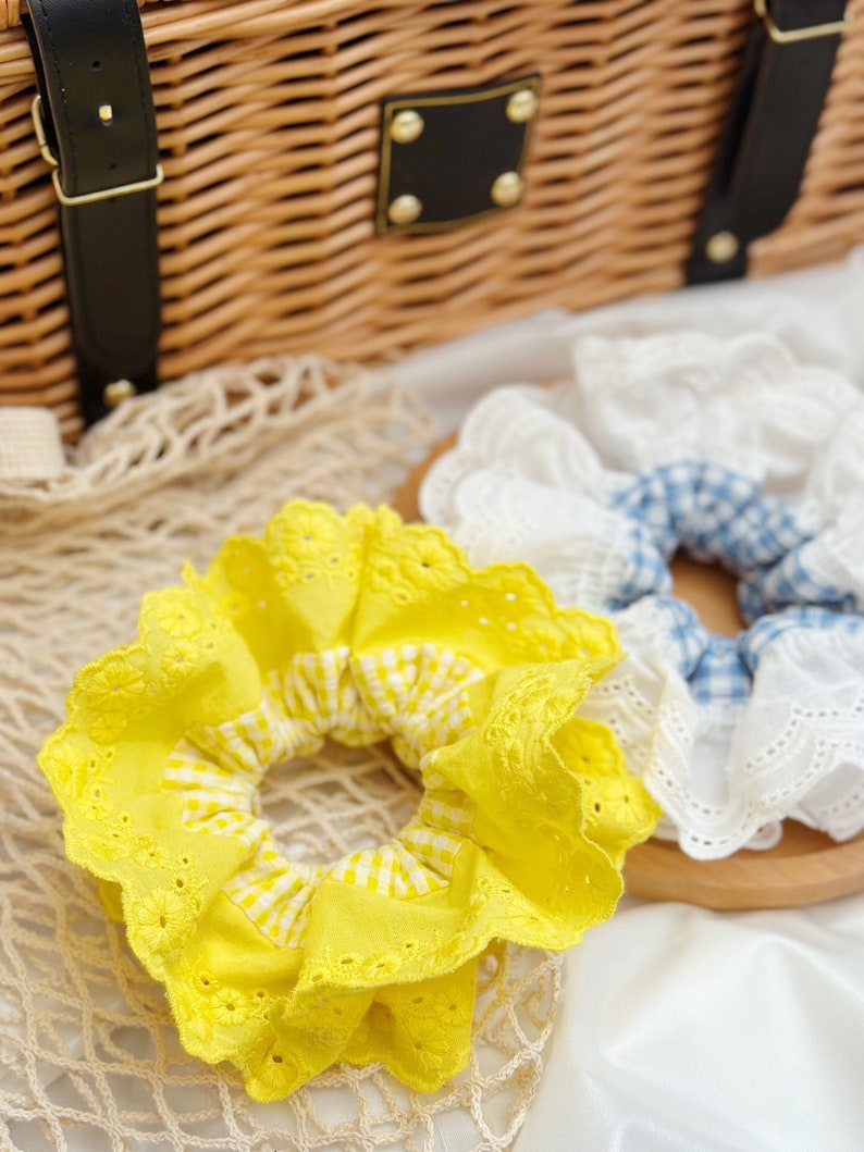 French style Yellow Scrunchies Broderie Anglaise Large Scrunchies Summer Double layer Giant Scrunchies Gift for her, Bridal Shower Gift image 5