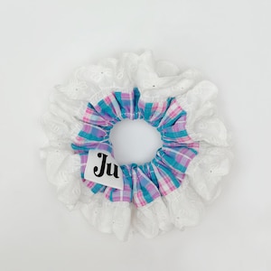 Blossom Frame Scrunchie, Broderie Anglaise Scrunchies, Blue Plaid Double layer Scrunchies, Giant Scrunchies for summer Hair Tie Gift For Her