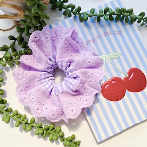 French Style Lilac Broderie Anglaise Scrunchies Purple Gingham Scrunchies Double layer Scrunchies For Summer Scrunchies Gift for Her