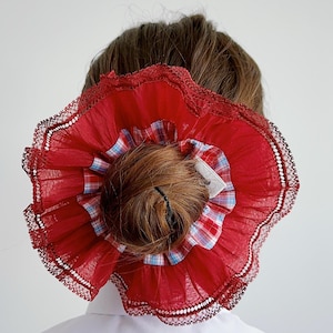 Oversized Red Gingham Scrunchies for Summer, XXL Burgundy Ruffles chiffon Scrunchies, Double layer Lace Scrunchies Gifts for Her Easter Gift