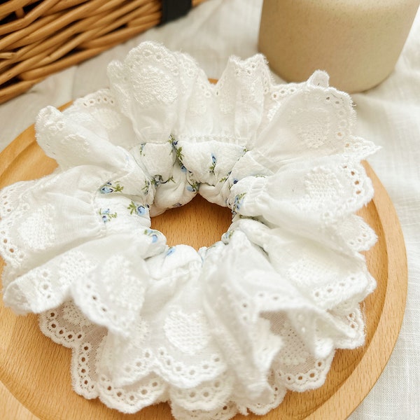 French style Broderie Anglaise Scrunchies, White Floral Double layer Scrunchies, Giant Scrunchies Jumbo Ruffled Scrunchies gifts for her