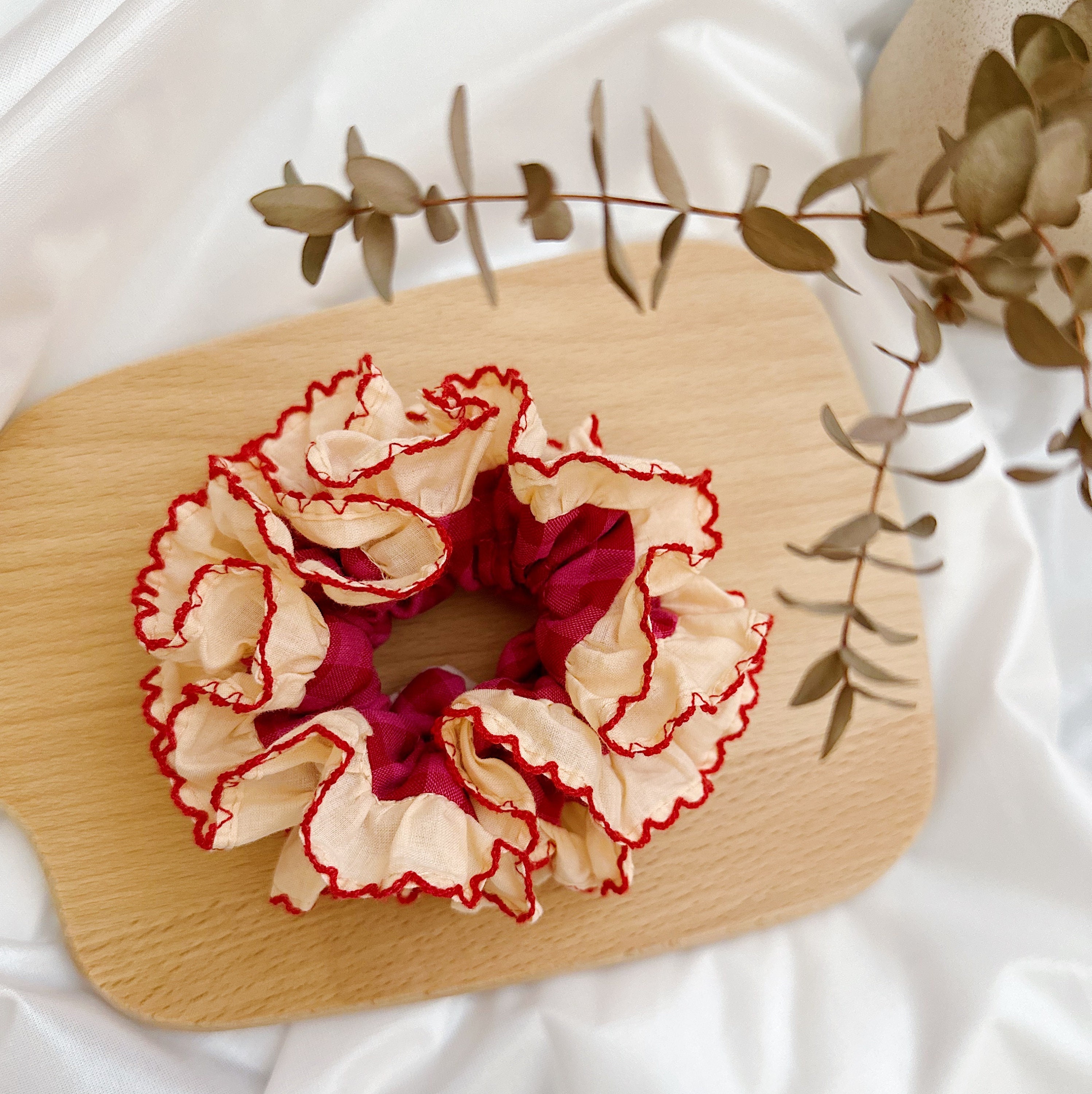 French Style Scrunchies Broderie Anglaise Red Gingham Scrunchies for summer Frilly Double layer Scrunchies Gift for Her
