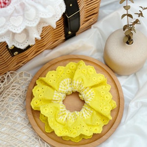 French style Yellow Scrunchies Broderie Anglaise Large Scrunchies Summer Double layer Giant Scrunchies Gift for her, Bridal Shower Gift image 6