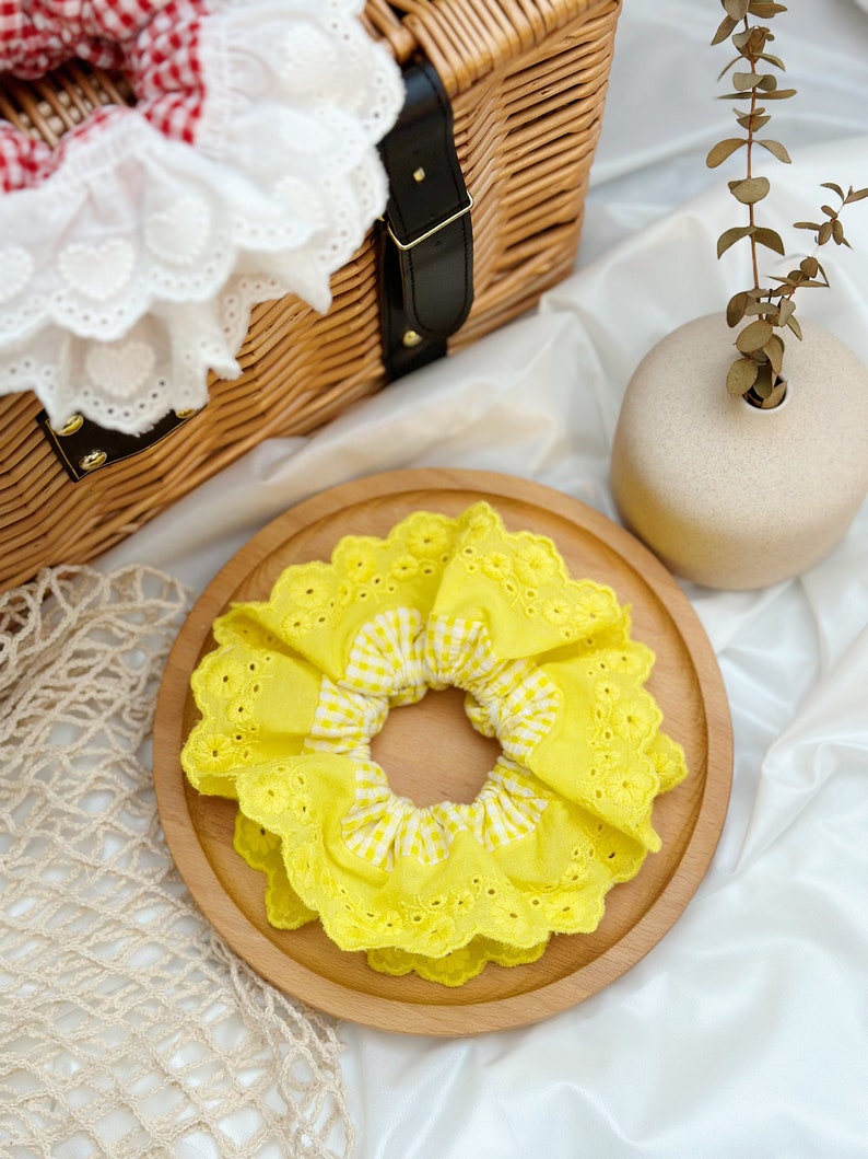 French style Yellow Scrunchies Broderie Anglaise Large Scrunchies Summer Double layer Giant Scrunchies Gift for her, Bridal Shower Gift image 6