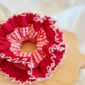 Double layer Red Gingham Scrunchies, Oversized Luxury Scrunchies, Red Ruffles Scrunchies for Summer Handmade in UK Frilly Scrunchies