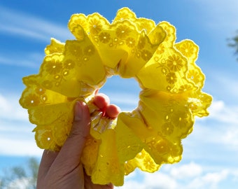 French style Yellow Scrunchies Broderie Anglaise Large Scrunchies Summer Double layer Giant Scrunchies Gift for her, Bridal Shower Gift