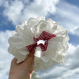 French Style Broderie Anglaise Red Gingham Scrunchies Heart Lace Scrunchies for summer Frilly Double layer Scrunchies Gift for Her