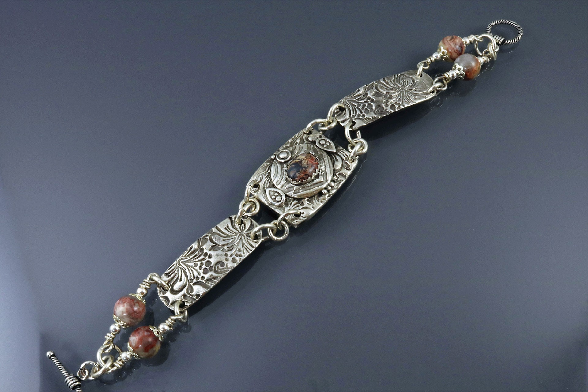 Item 869 999 Fine And 925 Sterling Silver Textured Carved Toggle Clasp Link Bracelet With Leopard Skin Jasper Unique Gift For Her