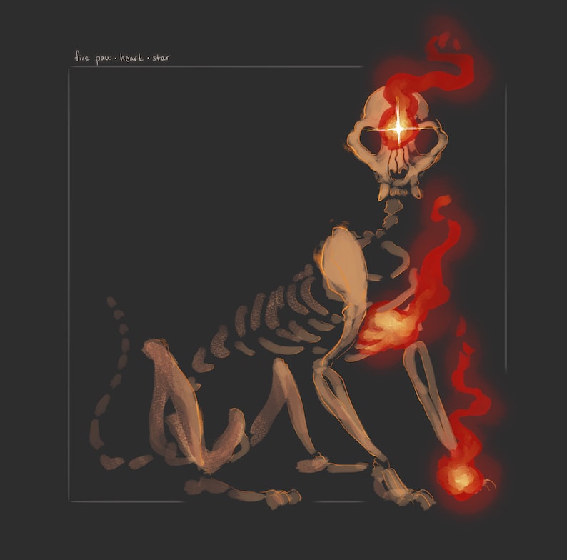 May include: A skeletal cat with a glowing red heart and a single glowing red eye. The cat is surrounded by red flames.
