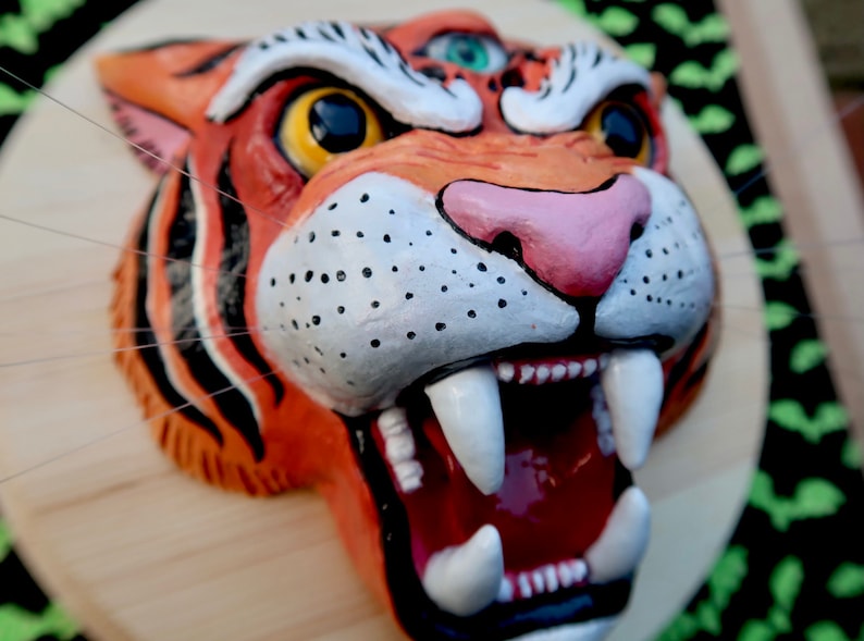 Three Eyed Tiger Head On Wooden Plaque