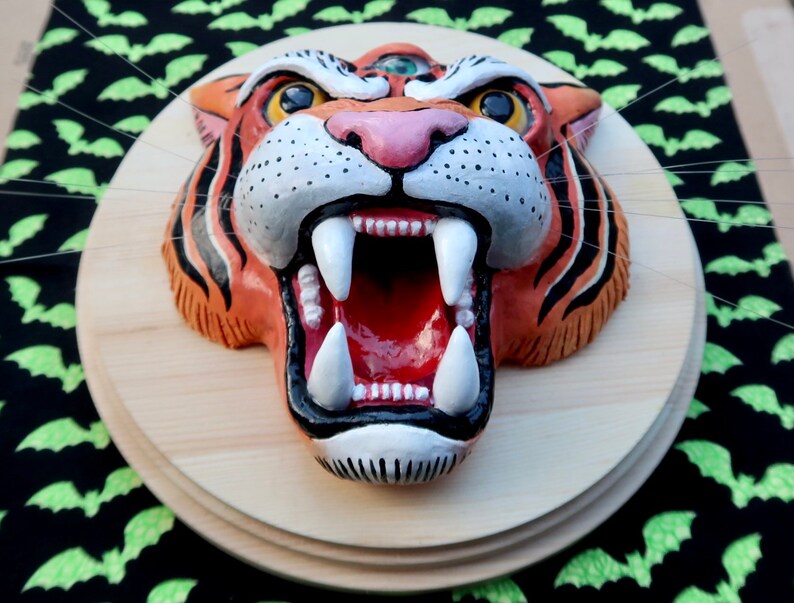 Three Eyed Tiger Head On Wooden Plaque