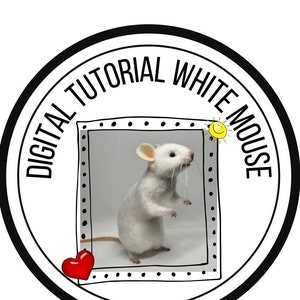 Puede incluir: Gráfico circular con el texto "DIGITAL TUTORIAL WHITE MOUSE" que rodea una imagen enmarcada de un ratón blanco. Un corazón rojo y un sol amarillo también están incluidos en el diseño. El fondo es blanco.