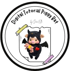 May include: A digital tutorial logo featuring a black bat-pig hybrid character holding a small pig plushie. The bat-pig has a red heart and is wearing a bat costume. The text "Digital Tutorial Piggy Bat" and "by Dani Elle" are in a circular frame.