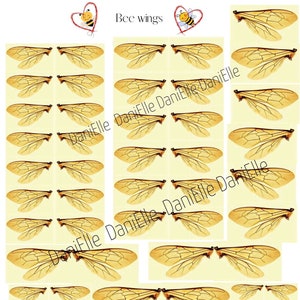 Puede incluir: Un conjunto de 24 imágenes de alas de abeja imprimibles. Las alas son amarillas y translúcidas con venas marrones. Las imágenes son perfectas para manualidades y scrapbooking.
