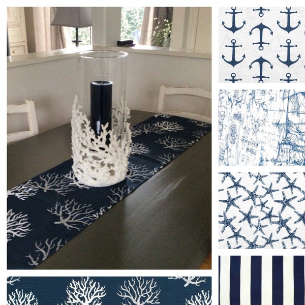 Blue Coastal Living Home Decor Nautical Table Runner Indigo Navy Linens Beach House Decor Dining Room Kitchen Linens Coral Reef Starfish