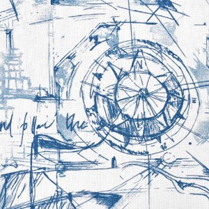 May include: Blue and white nautical-themed fabric with a compass rose and handwritten script. The design features a detailed illustration of a compass, ships, and architectural elements, creating a vintage map aesthetic.