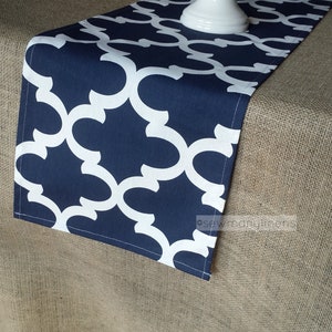 May include: A navy blue table runner with a white geometric pattern. The runner is made of fabric and has a subtle sheen.