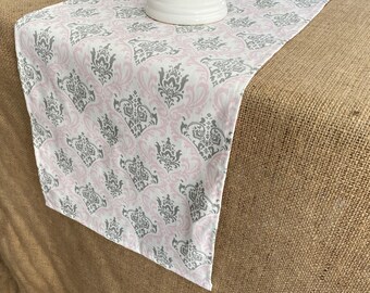 Pink Gray Table Runner Damask Floral Centerpiece Baby Girl Nursery Home Decor Wedding Shower Children's Room Dresser Custom Sizes