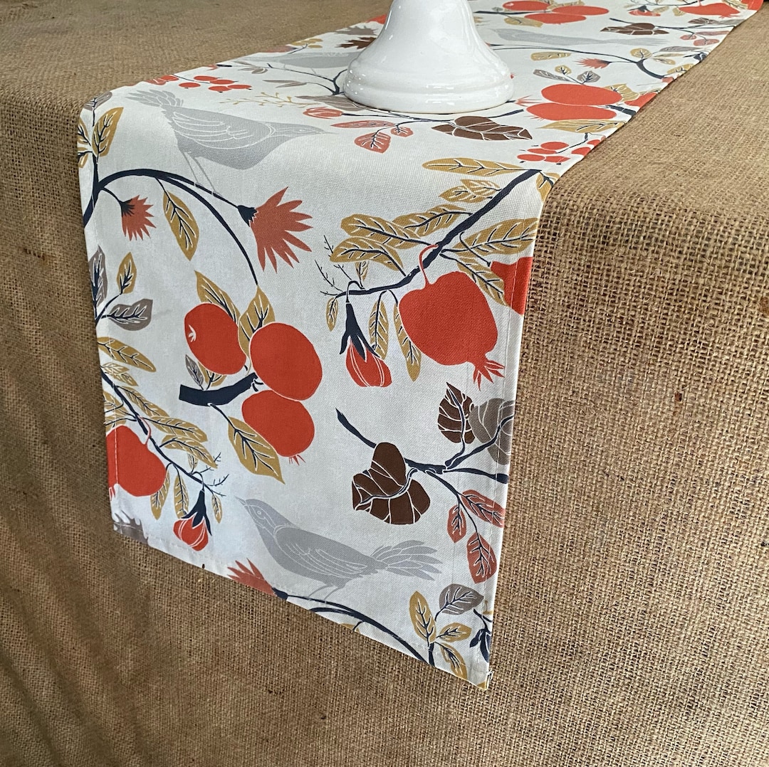 Autumn Fall Table Runner Orange Brown Leaves Bird Vine Folk Art Home ...