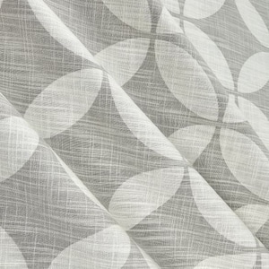 May include: White sheer curtains with a gray geometric pattern of overlapping circles. The fabric has a linen texture.