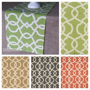 May include: A green and white patterned table runner is displayed on a brown surface. The runner features a repeating geometric design. Additional images show the same pattern in gold, gray, and orange.