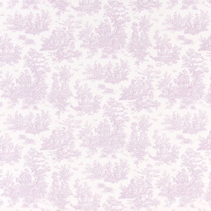 May include: A repeating pattern of a light purple toile de Jouy design on a white background. The design features pastoral scenes with figures, trees, and architectural elements, creating a classic, decorative aesthetic.