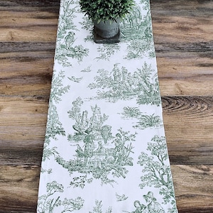 Green Toile Table Runner Centerpiece Traditional Linens Colonial Kitchen Dining Room French Home Decor Pine Green Custom Handmade Runner