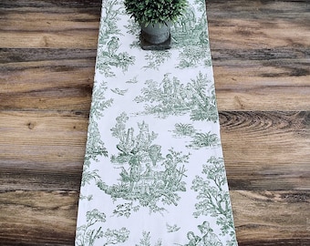 Green Toile Table Runner Centerpiece Traditional Linens Colonial Kitchen Dining Room French Vintage Home Decor Custom Sizes Handmade