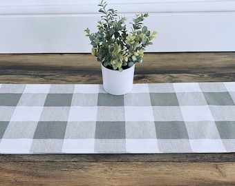 Tan Gray Buffalo Check Plaid Table Runner Beige Ecru Centerpiece Country Kitchen Rustic Cottage Farmhouse Decor Dining Room Linens