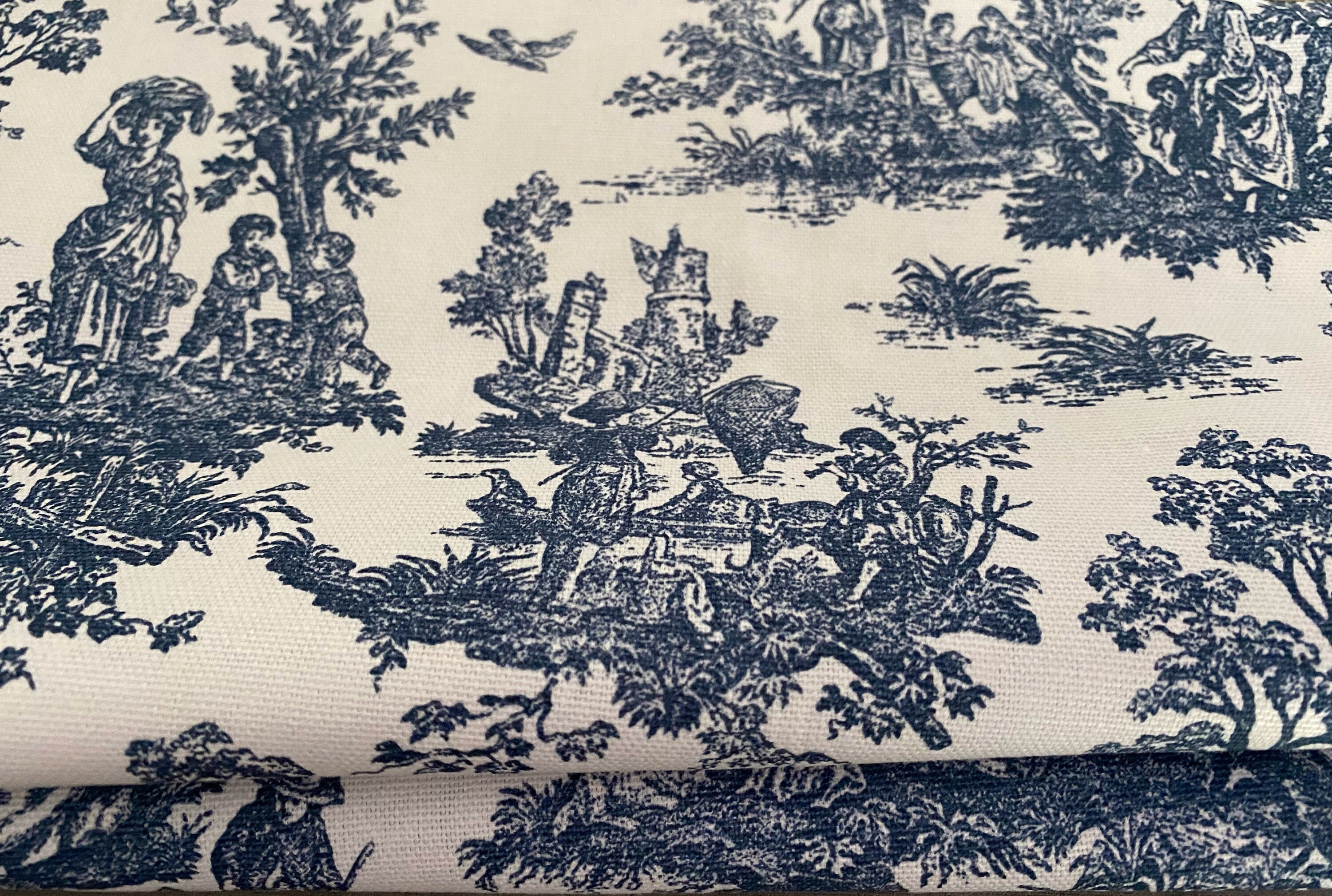 Navy Blue Tree Print on Cotton & Linen Light Canvas Fabric – On