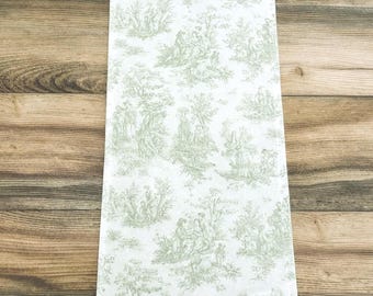 Sage Green Toile Table Runner Baby Wedding Shower Centerpiece French Colonial Linens Dining Room Home Decor