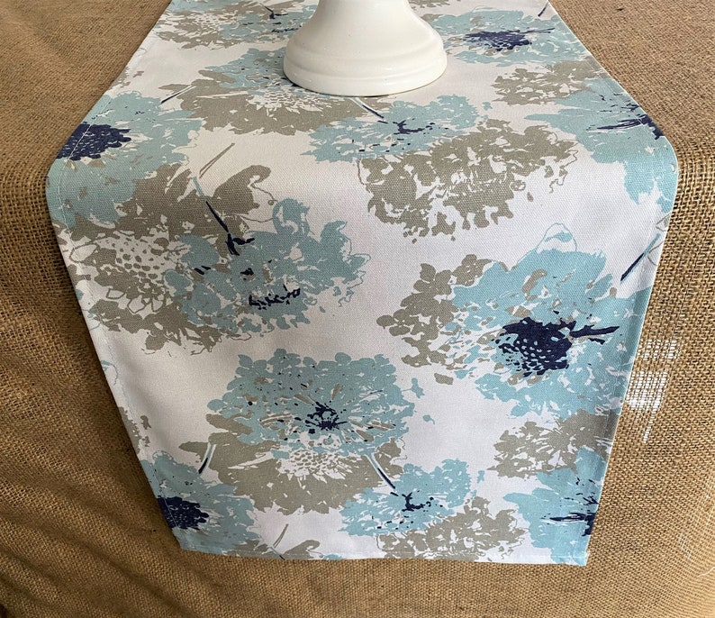 Spa Blue Table Runner Blue & Gray Floral Table Centerpiece Dining Room Decor Modern Vintage Style Table Runner Eclectic Home Decor