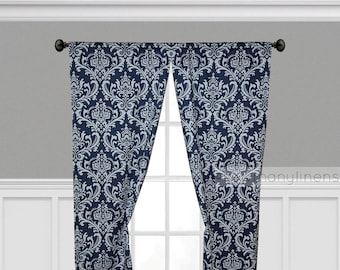 Navy Blue Curtain Panels; Window Treatments, Floral Damask Nautical Coastal Custom Drapery, Nursery Bedroom Dining Room Drapes
