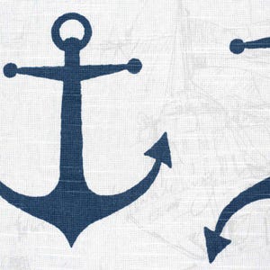 May include: White fabric with a repeating pattern of navy blue anchors. The anchors are stylized with a classic design. The background has a subtle nautical map design, creating a coastal theme.